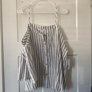 BP. Blouse with navy vertical stripes.